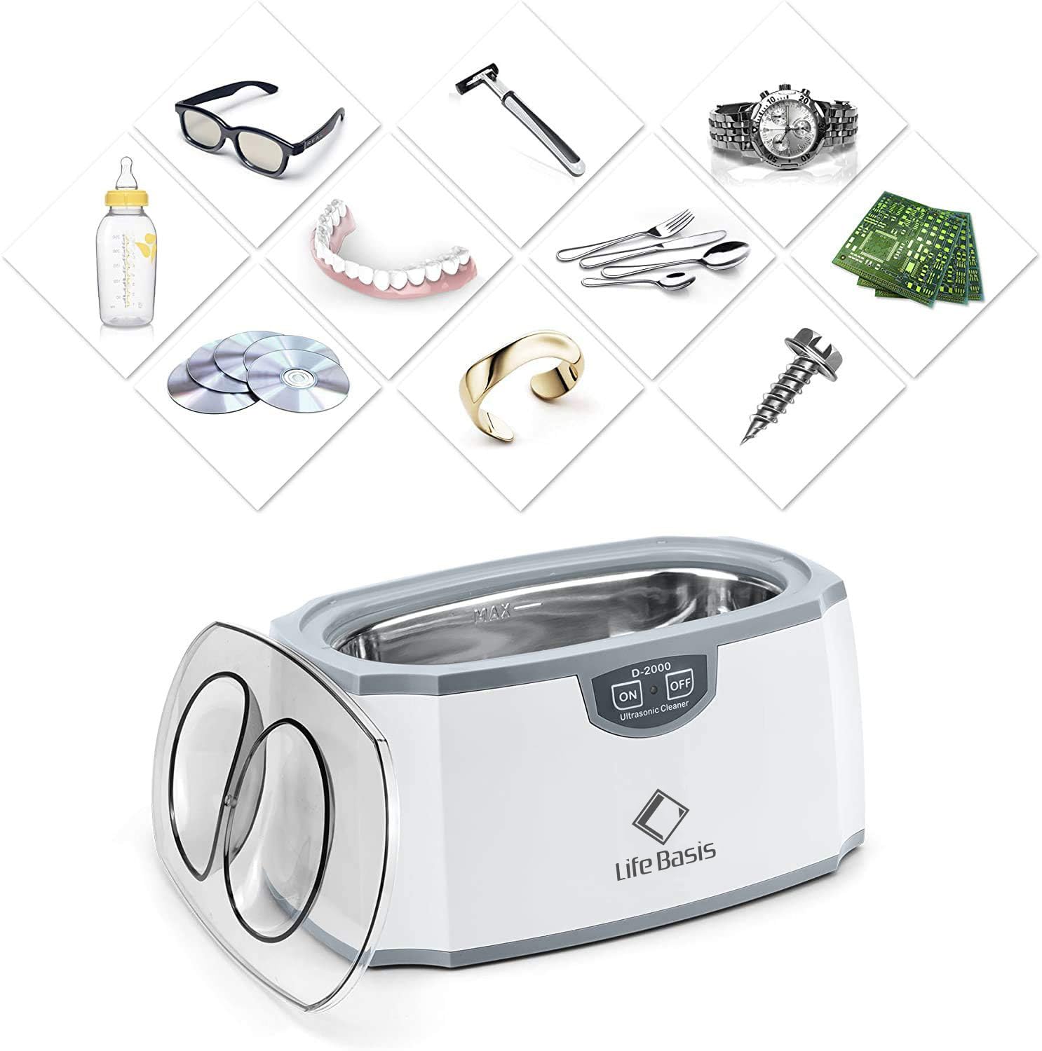 LifeBasis Ultraschallreinigungsgerät 420ml- (TESTSIEGER 2025) Brillenreinigungsgerät Ultraschallreiniger Ultraschallbad für Zahnersatz Brillen Schmuck,Uhren, Pinsel, Münze, Rasierkopf, Messer, 45000Hz 30W