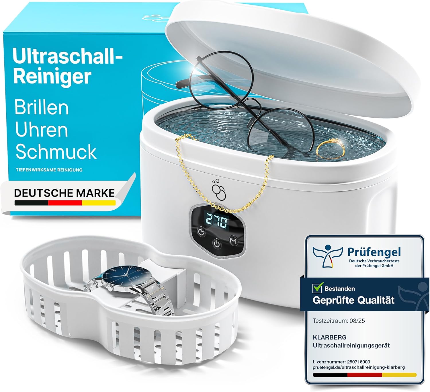 KLARBERG® Ultraschallreinigungsgerät Brille, Schmuck uvm. I Ultraschallreiniger I Ultraschallbad für eine Tiefenreinigung I ultrasonic cleaner, Brillenreinigungsgerät (600ml)