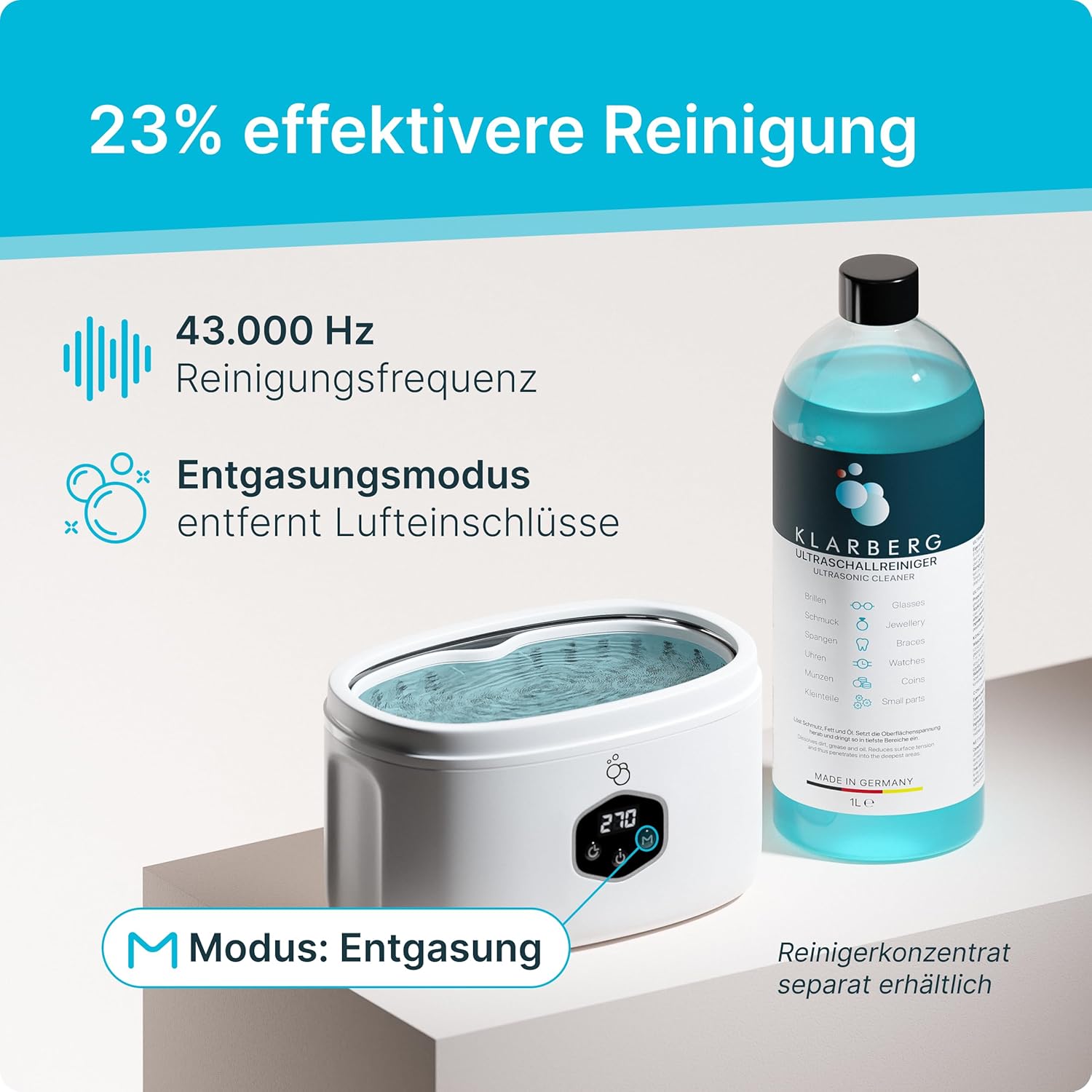 KLARBERG® Ultraschallreinigungsgerät Brille, Schmuck uvm. I Ultraschallreiniger I Ultraschallbad für eine Tiefenreinigung I ultrasonic cleaner, Brillenreinigungsgerät (600ml)